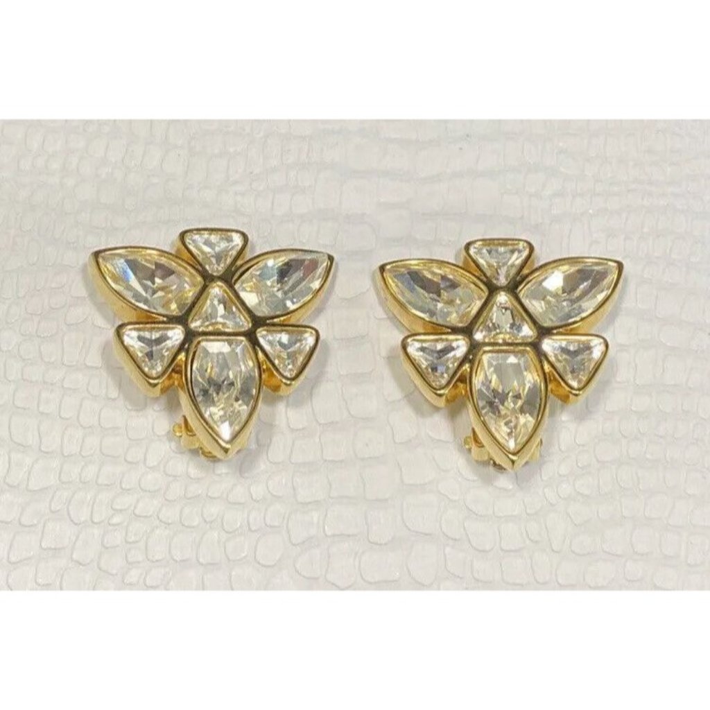 Vintage Signed Sal Swarovski Crystal & Gold Toned Clip On Earrings